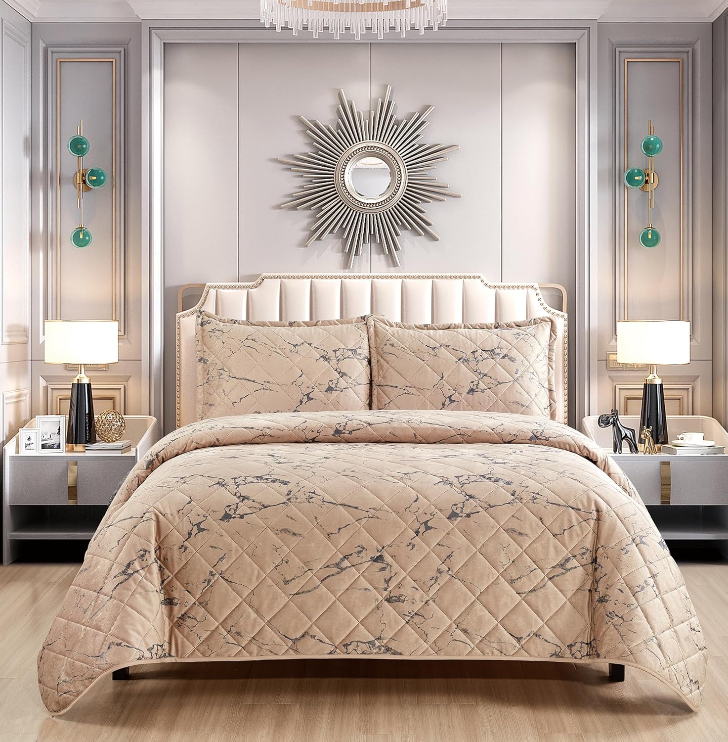 Riccardo Valeria 3Pcs Marble Bedspread Set Quilted Bed Throw Runner