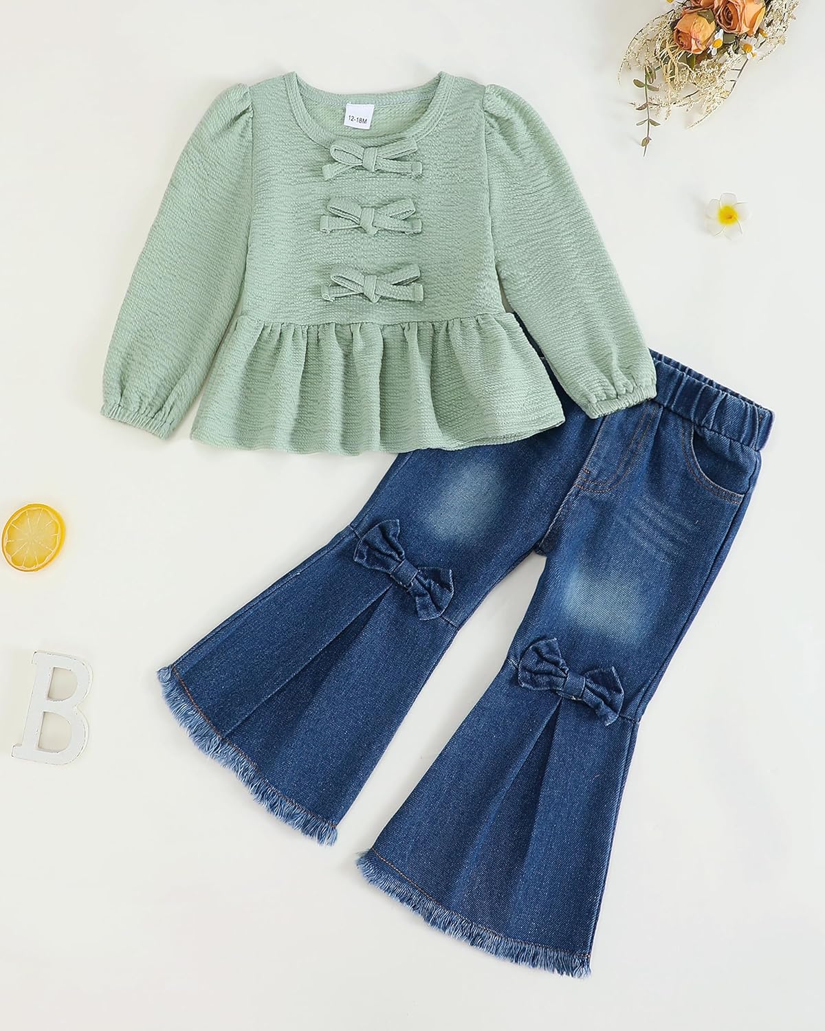 Toddler Baby Girl Clothes Little Girls Fall Winter Outfits Kids Smocked Shirt Bell Bottom Jeans Denim Pants Clothing - Image 2