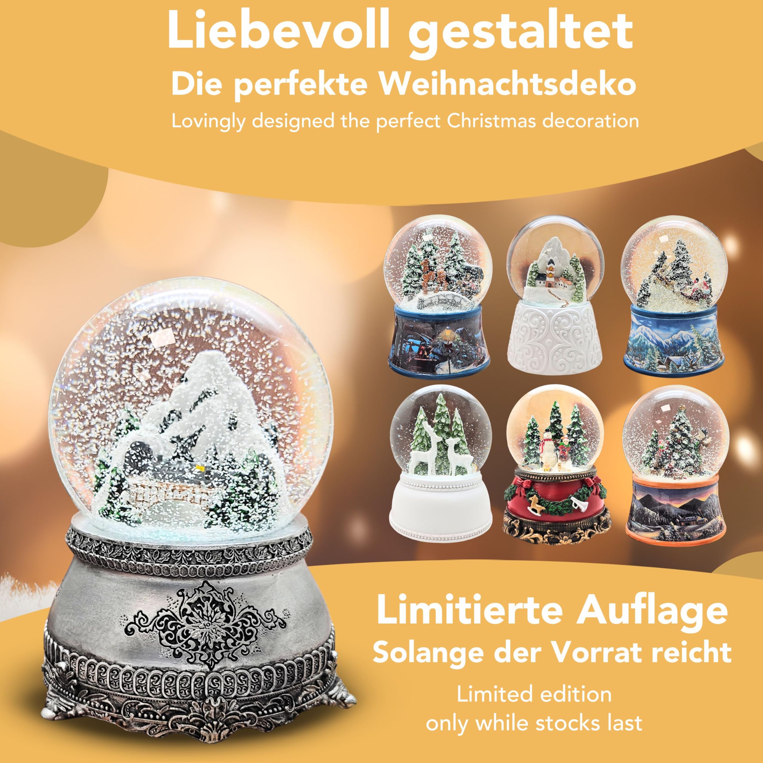 Schneekugel Berglandschaft mit Brücke | Sockel Zinnoptik Ornamente | mit Spieluhr | Schüttelkugel Weihnachtsdekoration | B: 10 cm H: 14 cm | 20255