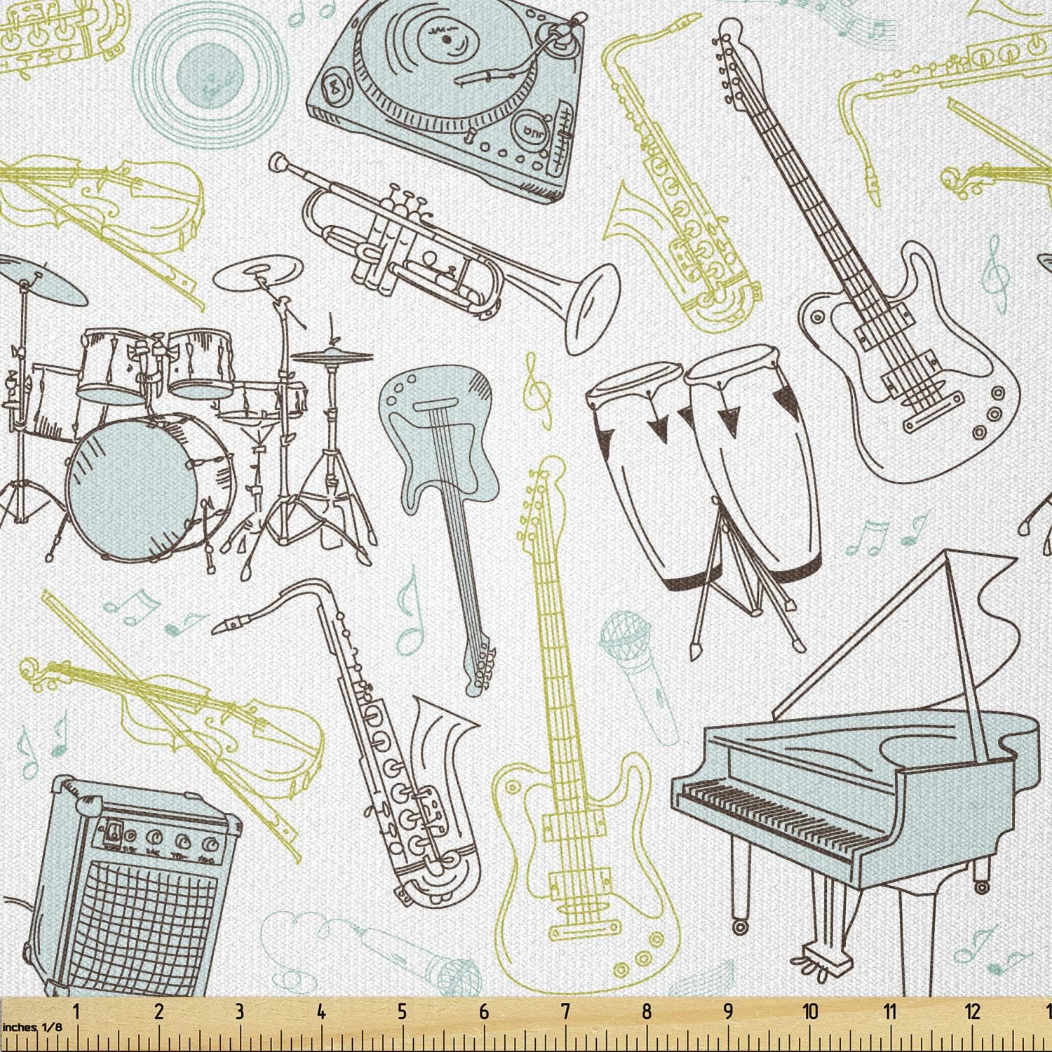 Lunarable Musical Fabric by The Yard, Hand Drawn Percussion Drums Electro Guitar and Grand Piano, Stretch Knit Fabric for Clothing Sewing and Arts Crafts, 10 Yards, Dark Taupe Pale Green