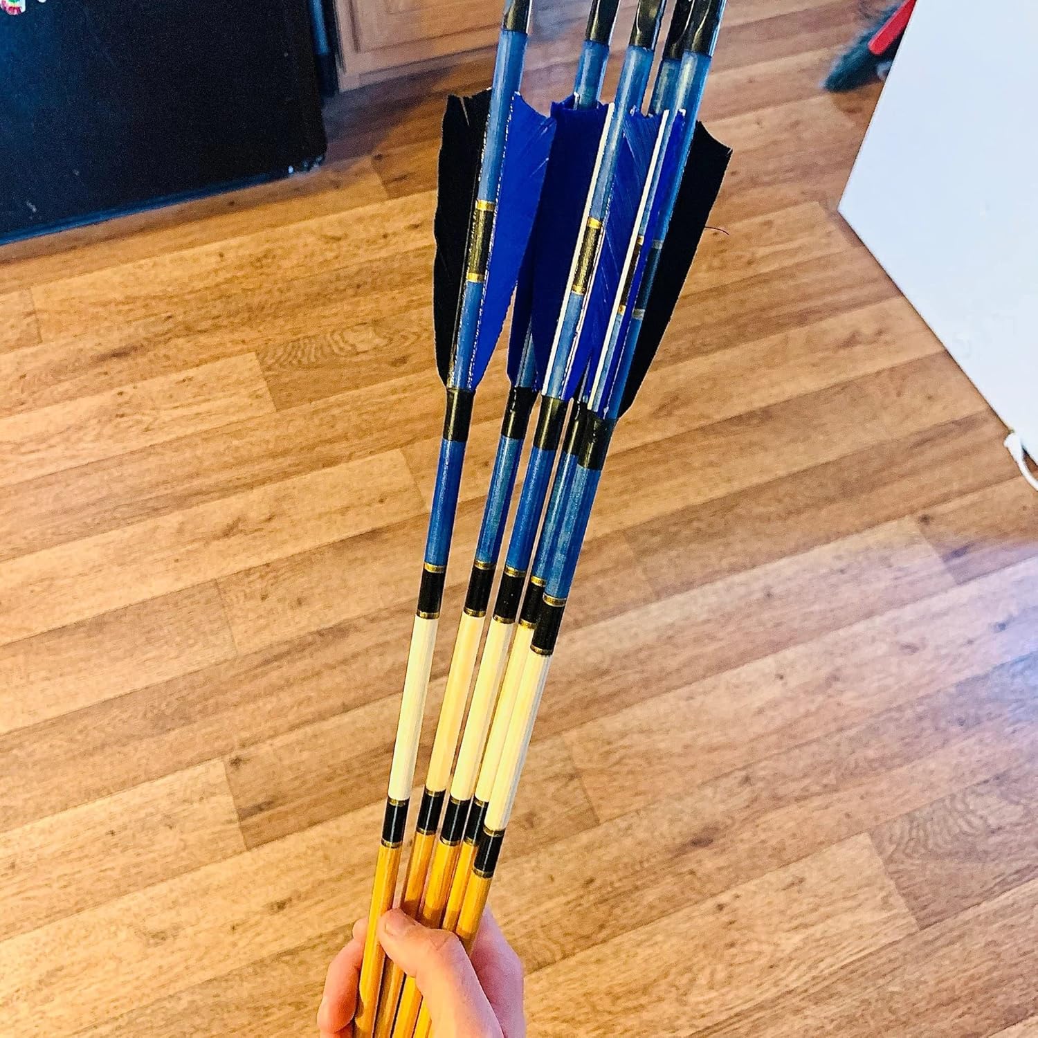 Wooden Archery Arrow for Recurve Bow Or Longbow and Compound Bow Medieval Traditional Archery with Blue Black Turkey Feather, 50-70# Spine Weight 28 Inches for Archer (Pack of 12)