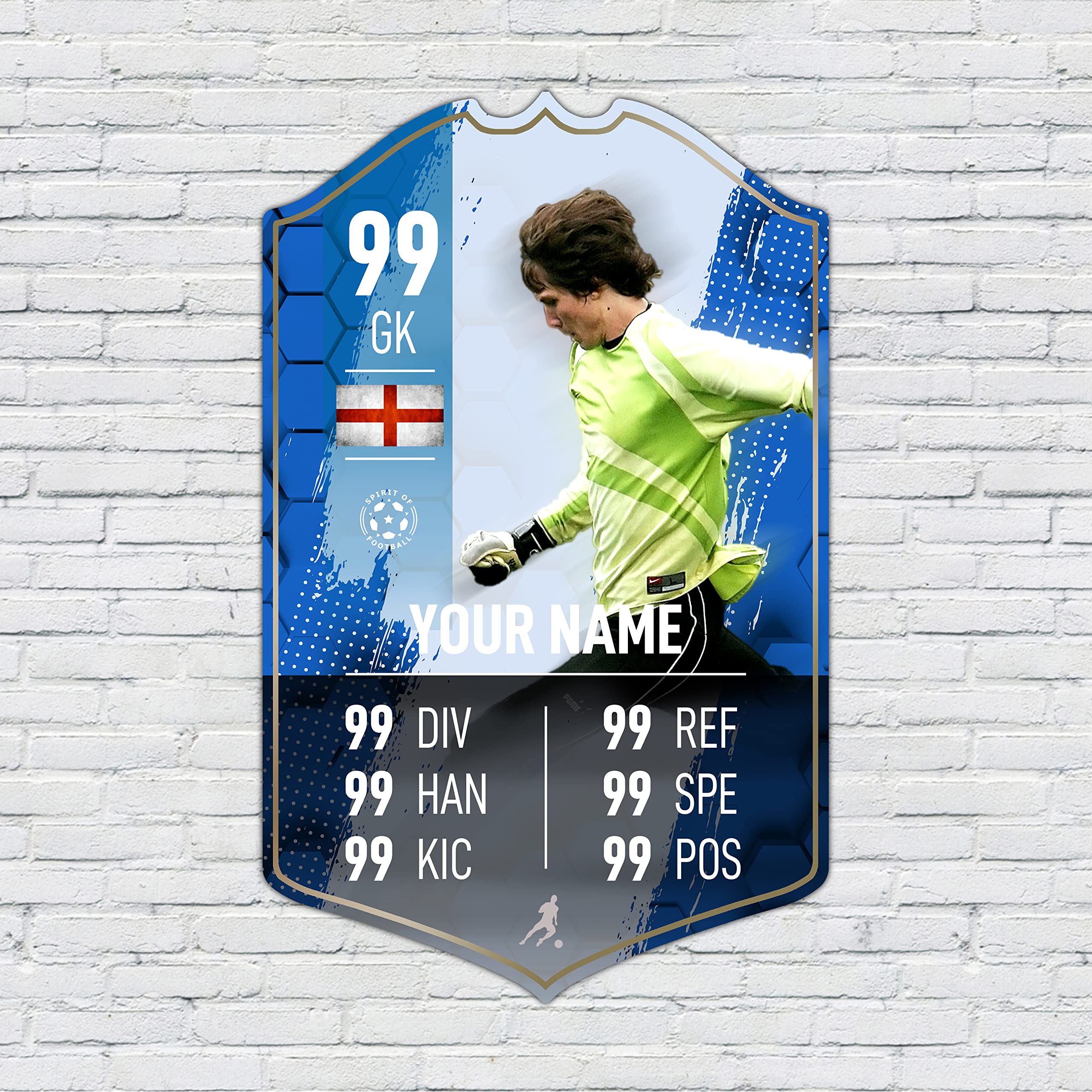 ShopQuality4U Personalised Football Cup Goalkeeper Stats Card Sign - White Strip Printed Metal Shield Sign Wall Art A4 Goalkeeper Add Name (28x17cm)