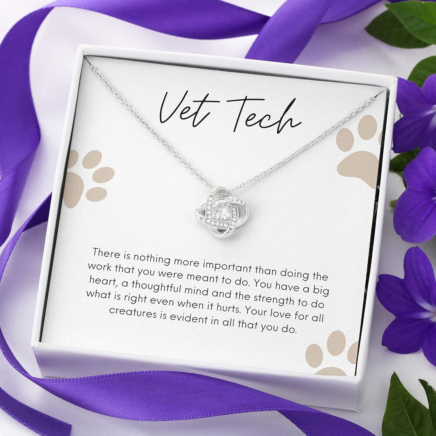 Bubble Hugs Veterinarian Necklace Silver Plated Love Knot Standard - You Have a Thoughtful Mind - Veterinary Paw Dog Pet Lovers Student Doctor Animal