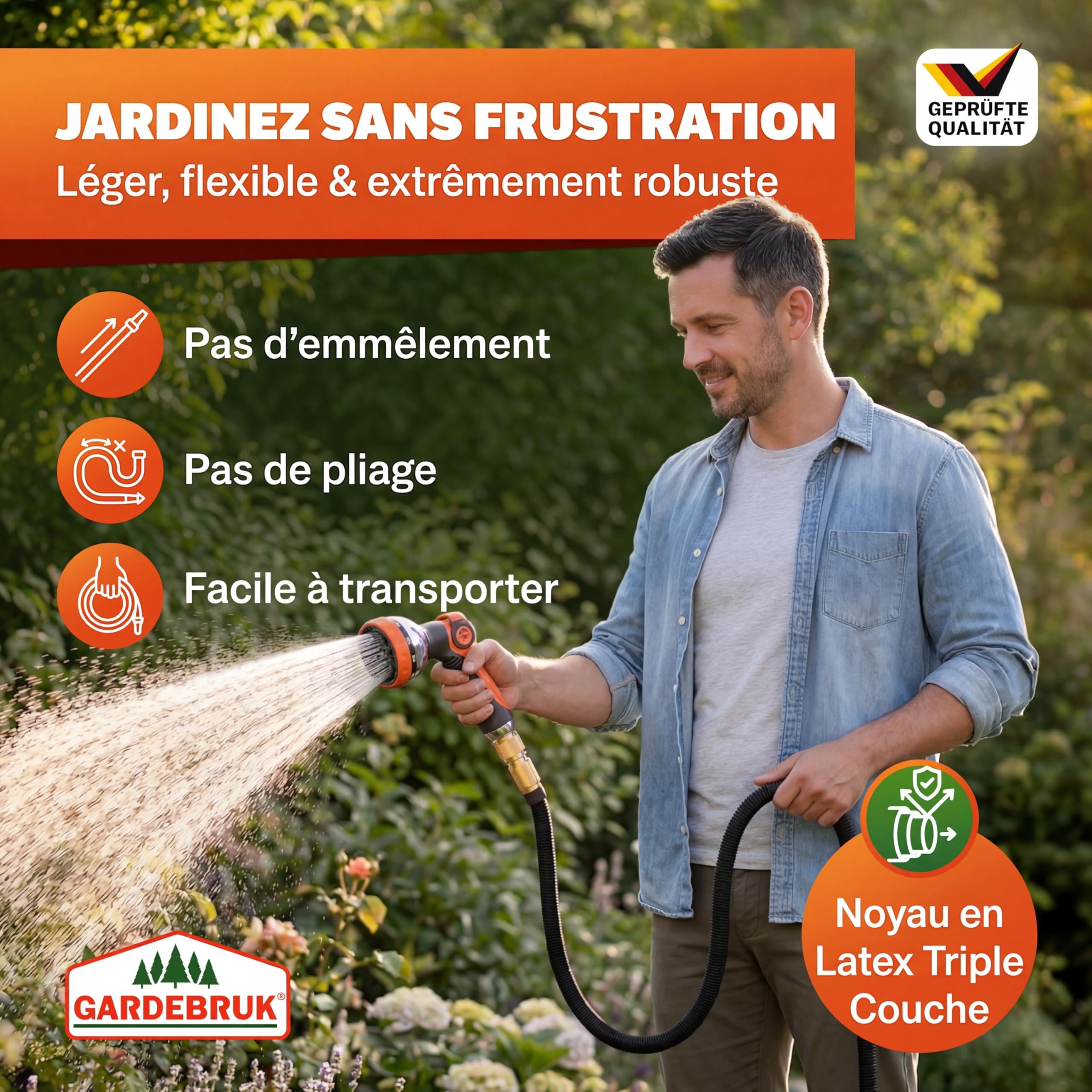 GARDEBRUK® Tuyau d’Arrosage Extensible 30 m Noir– Pistolet Multijets 8 Modes, Raccords Laiton Anti-Fuite, Flexible Latex Triple Épaisseur, Résistant 12 Bars, Enrouleur Léger pour Jardin & Terrasse