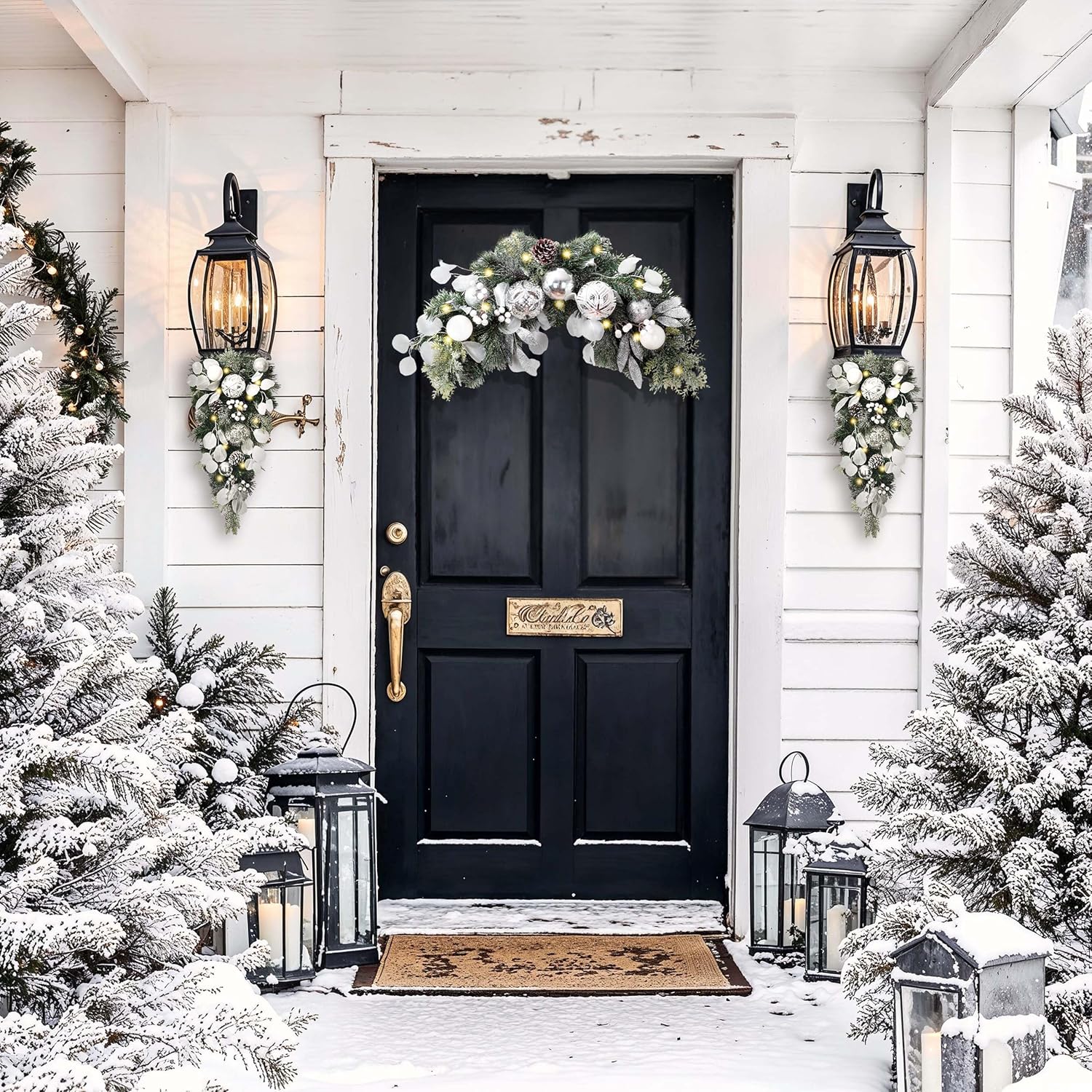 Valery Madelyn Pre-Lit Christmas Swag for Decorating Outdoor, 24 Inch Black White Mailbox Swag Decoration Teardrop with 20 LED Lights, Ball Ornaments for Front Door Stairway Window Shelf Xmas Decor