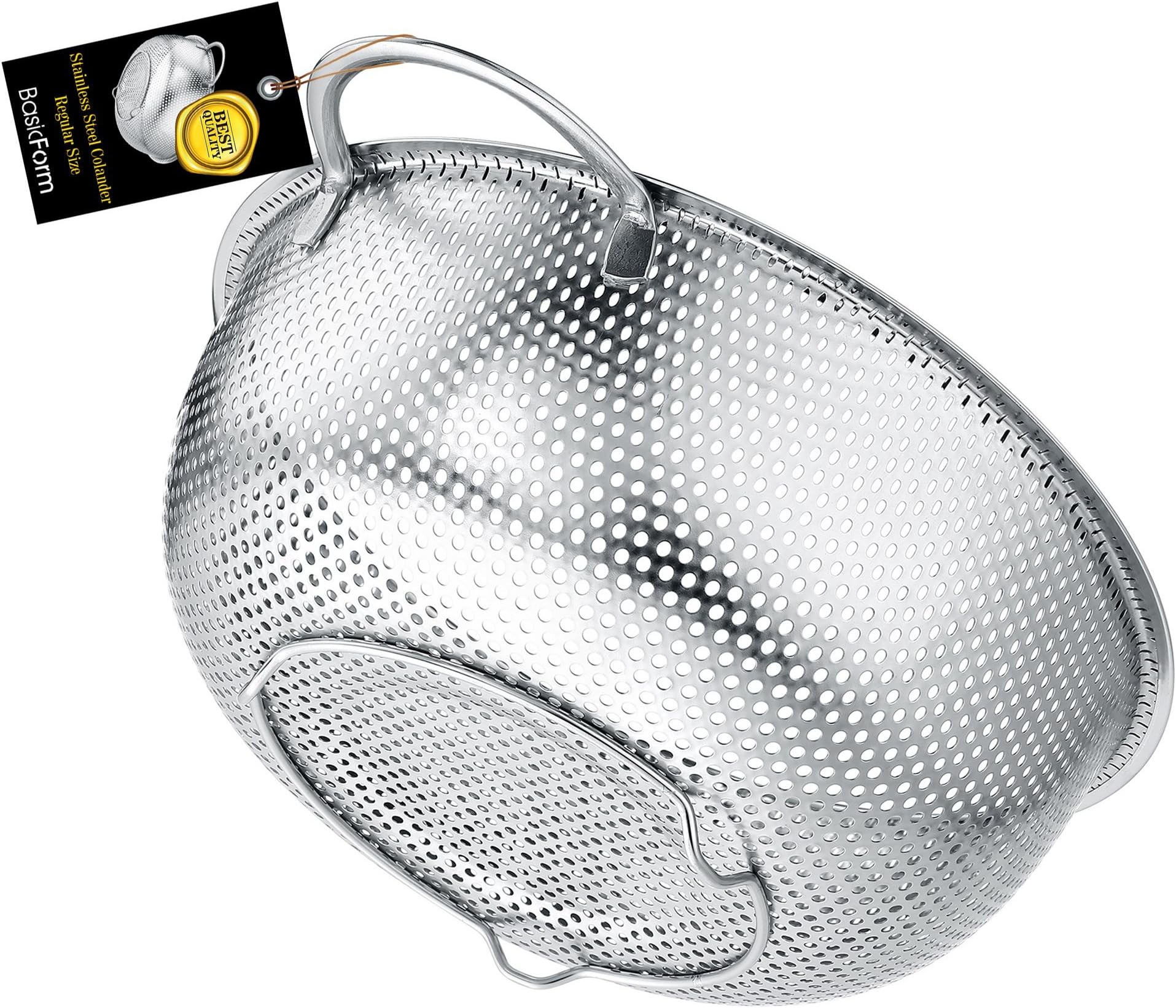 BasicForm Stainless Steel Micro-perforated Colander with Handles and Base 9 Inches Wide 3.6 Inches Deep