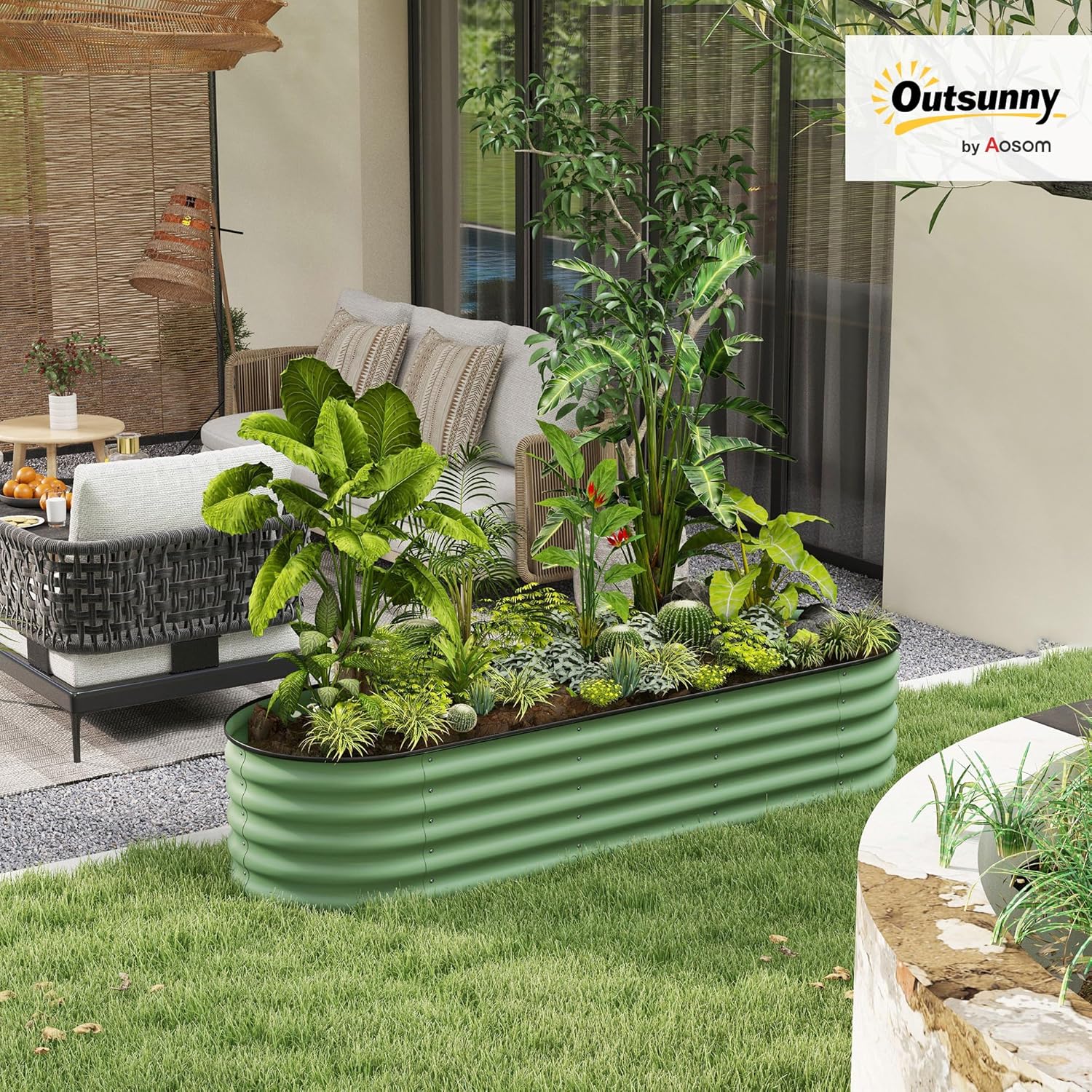 Outsunny 6.5' x 2' x 1.4' Galvanized Raised Garden Bed Kit, Outdoor Metal Elevated Planter Box with Safety Edging, Easy DIY Stock Tank for Growing Flowers, Herbs & Vegetables, Green