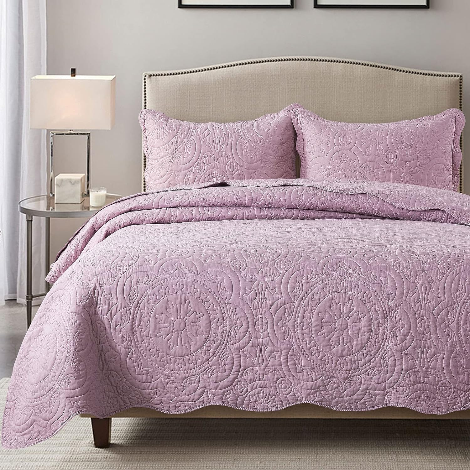 HoneiLife Bedspread Quilt Set King 3 Piece Embroidered Microfiber