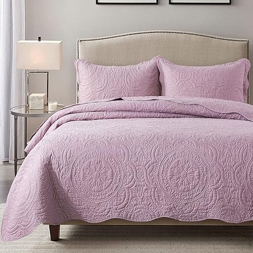 HoneiLife Juego de colcha tamaño Queen, colcha de microfibra bordada de 3 piezas, reversible, ligera, con patrón de mandala, para todas las