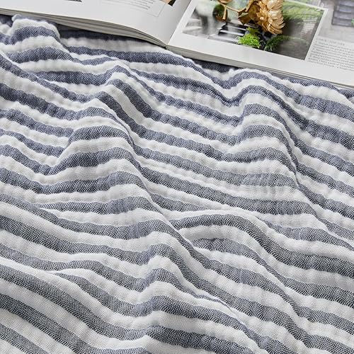 EMME Cotton Muslin King Blanket Bed Layering Bedspread Coverlet Breathable Gauze Soft Lightweight (Striped Navy, 108"x90")