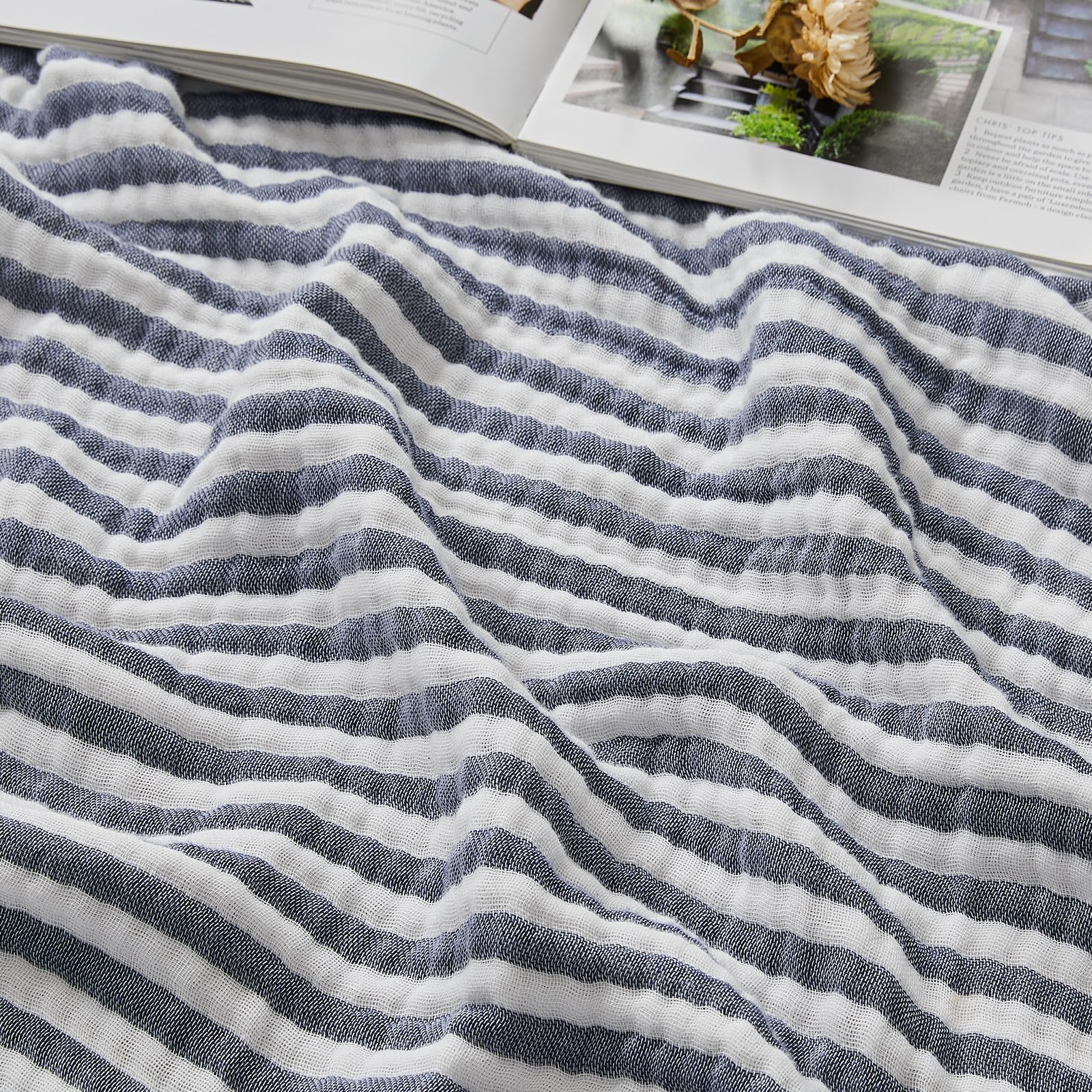 EMME Cotton Muslin Large Throw Blanket Couch Breathable Gauze Soft Lightweight Bed Blankets Adults (Striped Navy,228x 228) โ image 1