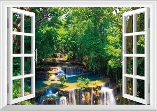 FLFK Fake Window Wall Mural - Jungle Waterfall Faux Window Wall Sticker for Wall Decor, Peel and Stick Wall Decals,48"x32",Set of 2 Sheets