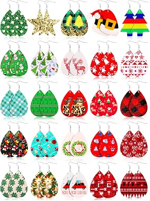 FUNEIA Christmas Earrings for Women Teardrop Faux Leather Dangle Earrings Set Christmas Jewelry Gift Holiday Earrings for Xmas New Year Party Decorations