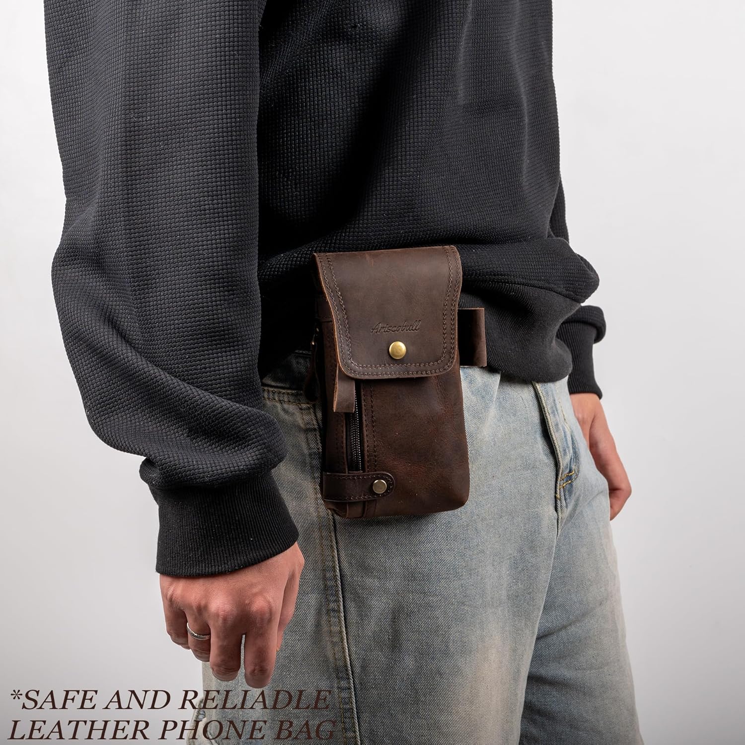 Leather Phone Holster - Genuine Full-Grain Buffalo Leather Cell Phone Holsters - for iPhone 16, 15, 14, 13pro, Galaxy S21, S22-7”H X 3.5" W (Dark Coffee)