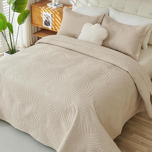 Miniatura 8 de Cmfshape Juego de edredón ligero de verano, colcha fina y suave de 3 piezas, juego de ropa de cama King con patrones de hojas de plátano