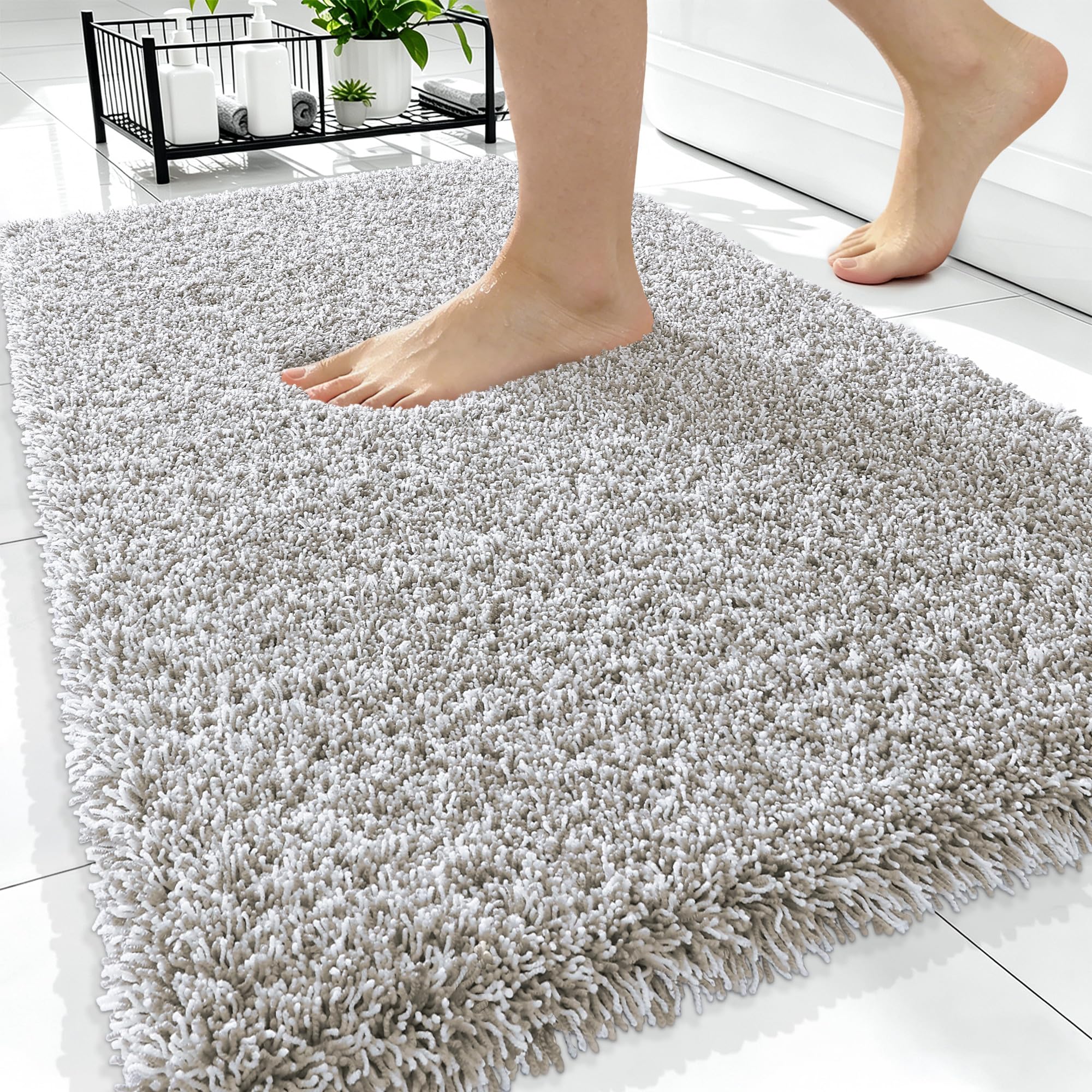 OLANLY Microfiber Bathroom Rugs 34x21, Quick Dry Bath Mat, Greige and White
