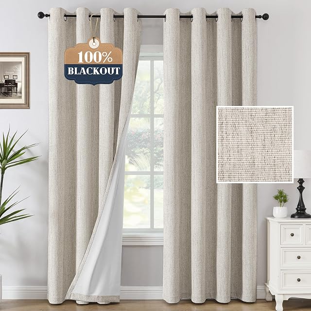 H.VERSAILTEX 100% Rideaux noircissement Lin texturé Chenille Rideaux Pleine lumière Blocage Panneaux de rideau isolant thermique 84 Inches Long Energy Saving avec Liner Blanc, 2 Panneaux, Heather Natural