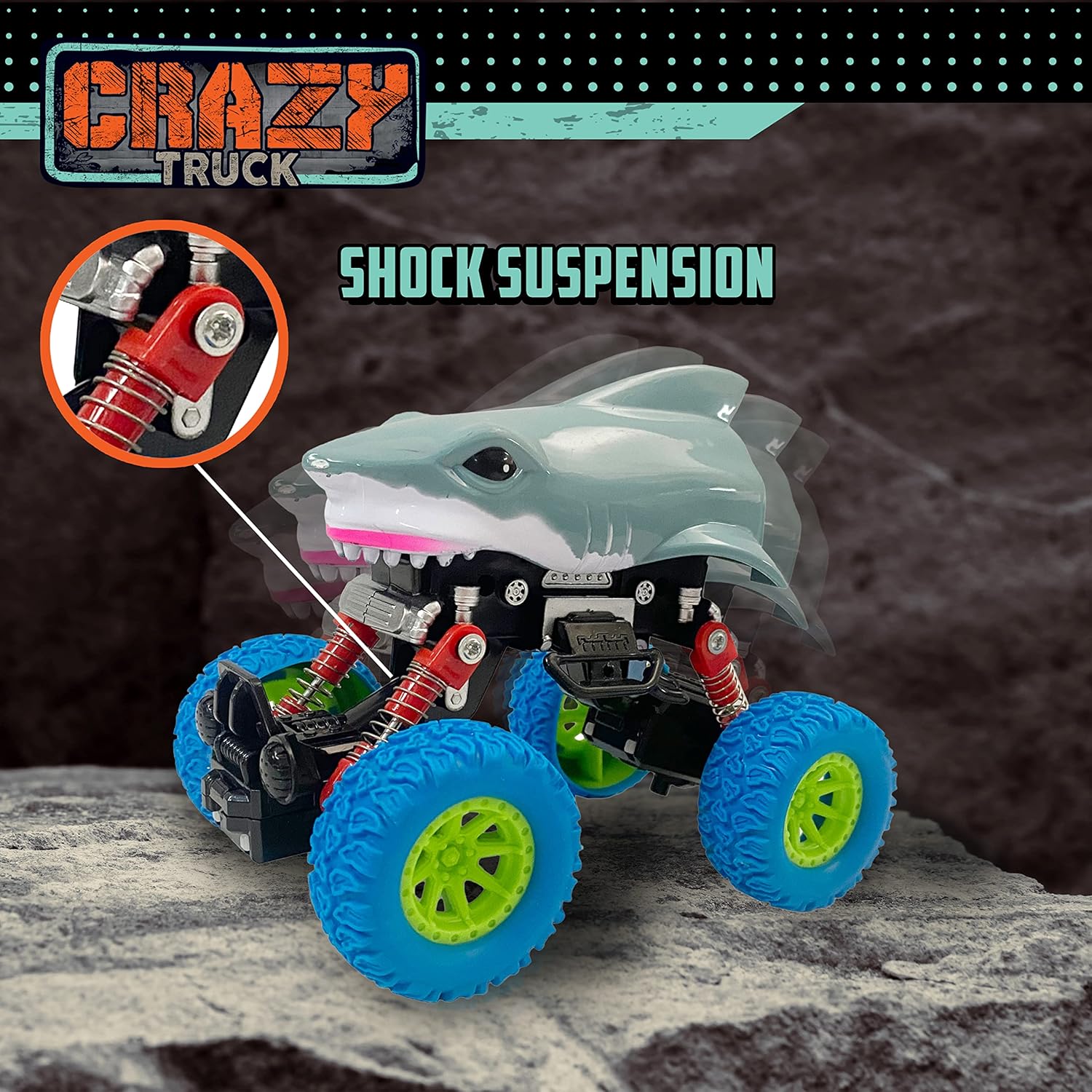 Nature Bound Crazy Trucks: Friction-Powered Toy Shark Truck That Moves Every Which Way, No Batteries Needed, Just Push and Go, Big Wheeled Toddler Trucks Made of Durable ABS Plastic