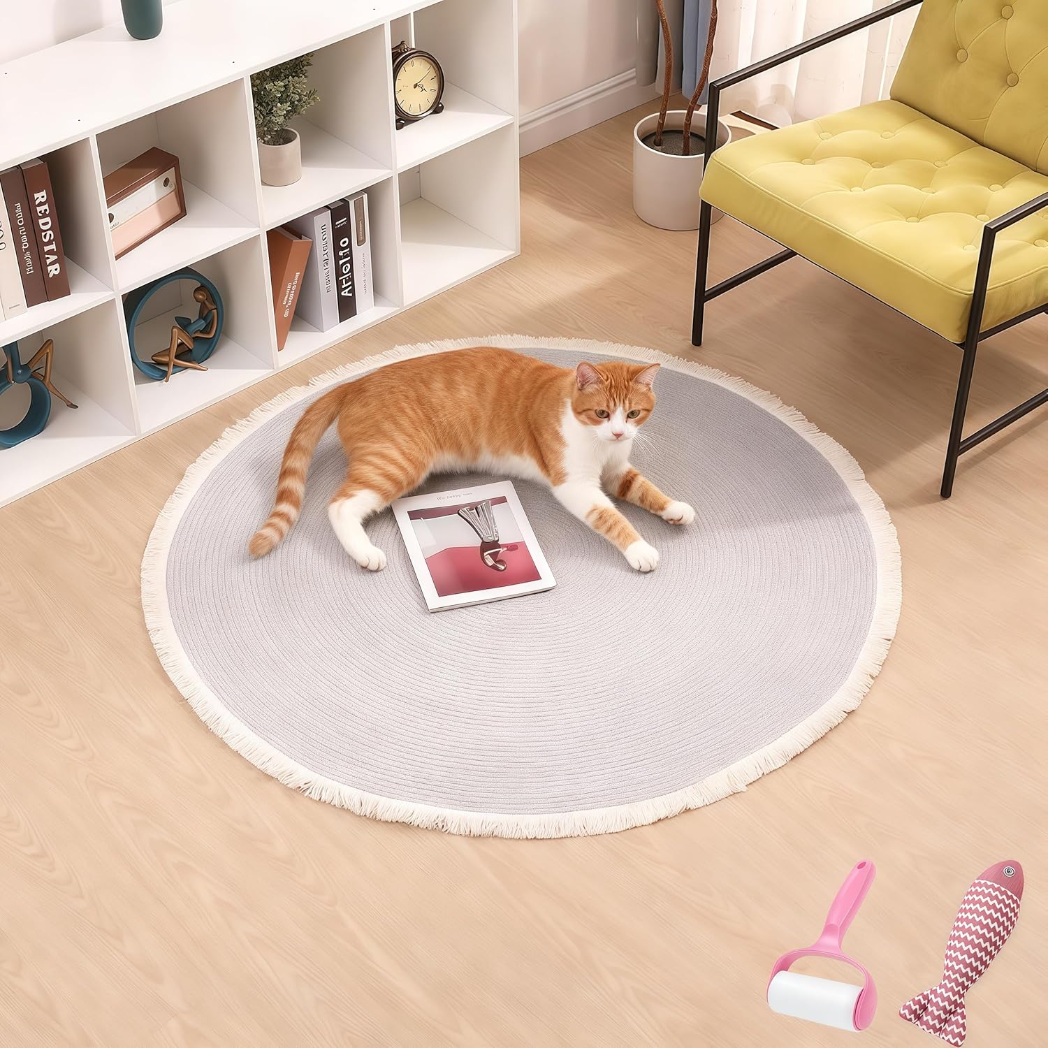 Cotton Rope Area Rug for Cats, Cat Scratching Rug, Washable Round Vintage Reversible Woven Tassel Rug, Soft and Stylish Home Accent, Easy Clean, Multiple Sizes (Gray, 32" (80cm))