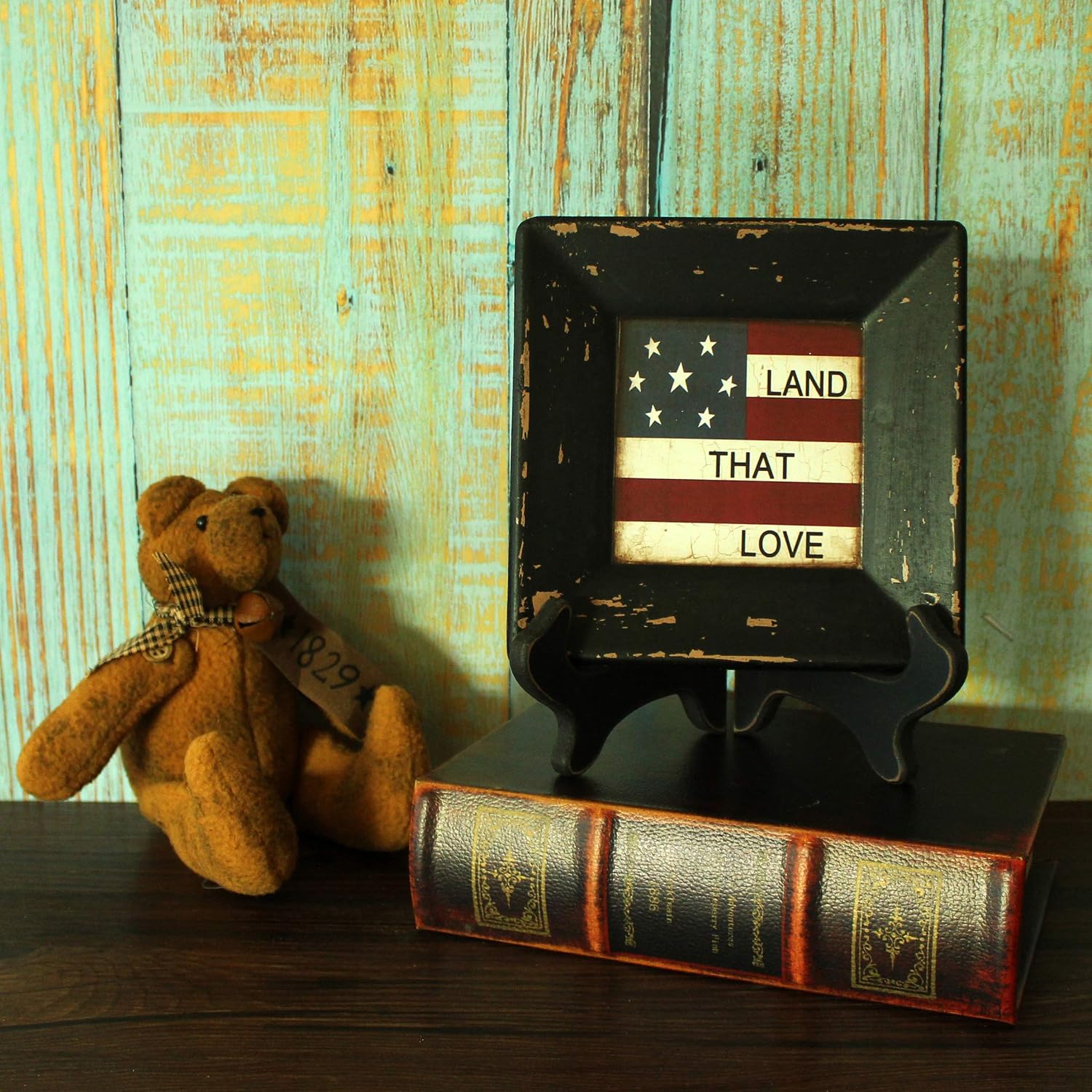 CVHOMEDECO. Primitives Country American Flag Decorative Plate with Rack Square Display Wooden Plate Home and Office Décor Art, 6 X 6 Inch (Land That Love)