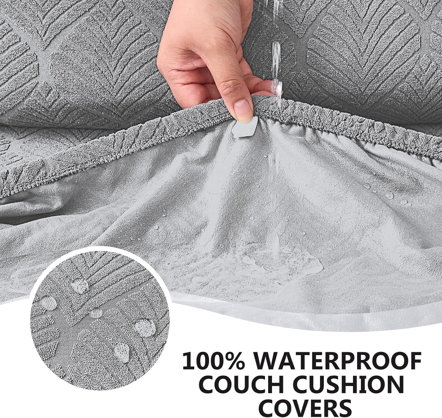 Genina 100% Waterproof Couch Cushion Covers for Pets - Stretch Sofa Seat Cover for Dogs Jacquard Non Slip Sectional Couch Covers Sofa Slipcovers Washable (3 Pieces, Light Gray)
