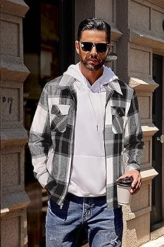 COOFANDY Men Lightweight Jackets Full Zip Up Flannel Plaid Jacets