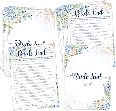 Blue Floral Bridal Shower Games, Bride Feud Game Cards for 25 Guests, Blue Hydrangea Wedding Shower Games, Bridal Shower Party Favors, Engagement Party Decor Supplies -12