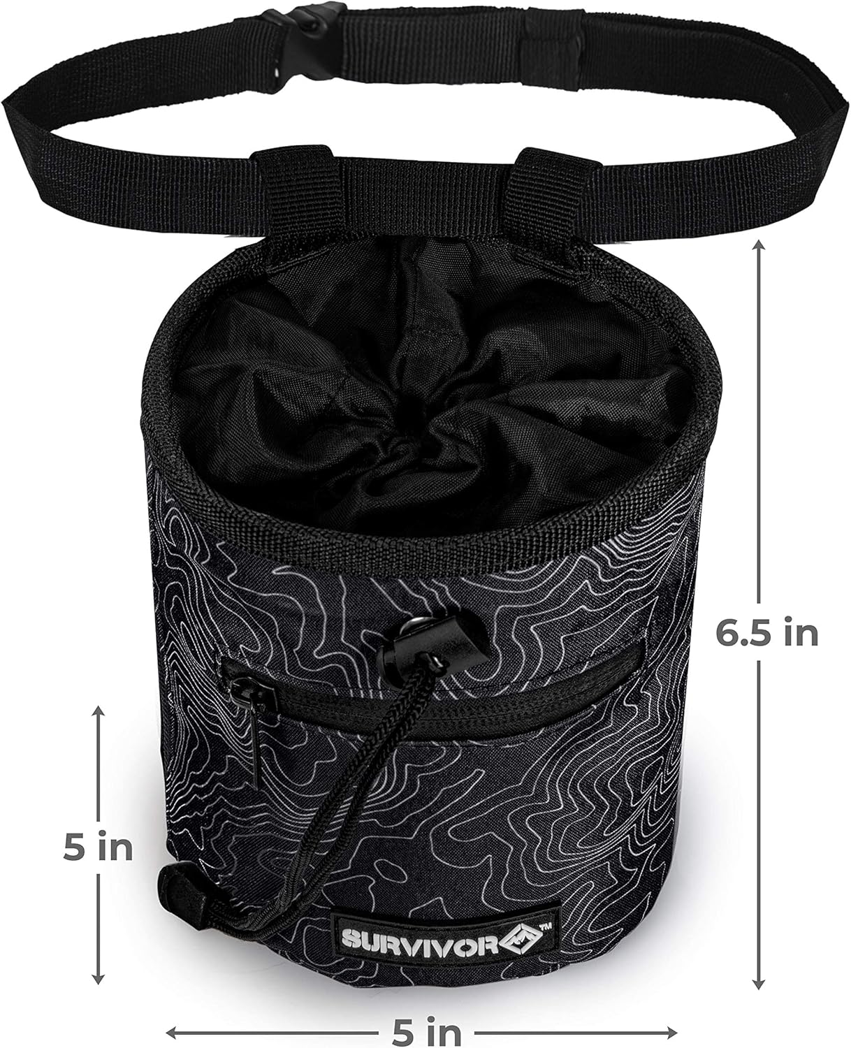 Survivor Chalk Bag - Draw String Closure, 2 Zippered Pockets & Brush Holder - Chalk Bag for Rock Climbing, Bouldering, Weightlifting (Black Topo) : Sports & Outdoors
