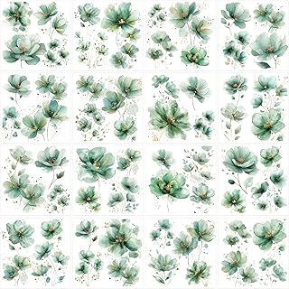 Green Flowers Rub on Transfers for Crafts: 16 Pcs Botanical Watercolor Rub on Transfer for Furniture, Flower UV DTF Sticker Decals for Wood Glass Waterproof, DIY Crafting Home Decor (6 x 6 Inch)