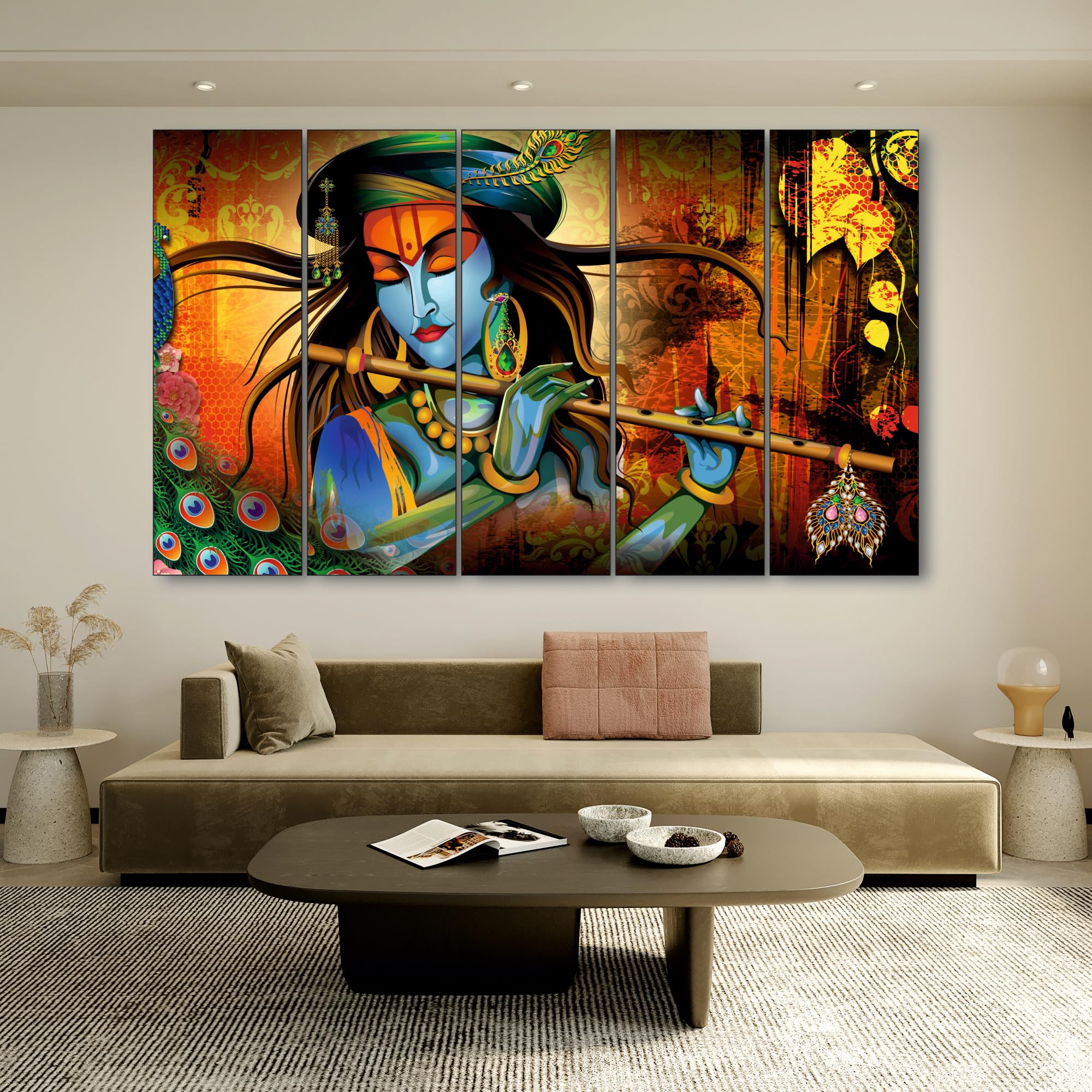 The Castle Decor-Krishna flute painting with frame 5 Big Size (27x48) Multiple Frames Wall Art Painting for living room,Bedroom,Drawing room,Hotels-Wooden Framed-Digital Painting