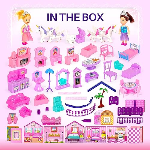 Miniatura 2 de Casa de muñecas con 2 princesas, 4 unicornios, perro, muebles y accesorios – Casa de muñecas de ensueño rosa y morado juguete para niñas pequeñas