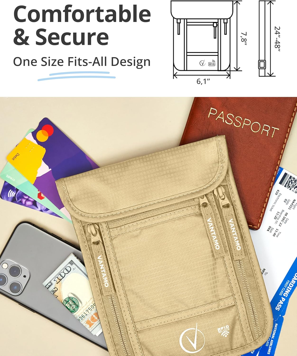 Vantamo Slim Passport Holder for Travel, RFID Protected Neck Wallet for Traveling Men & Women, Fits Phone, Documents & Cards - Image 4