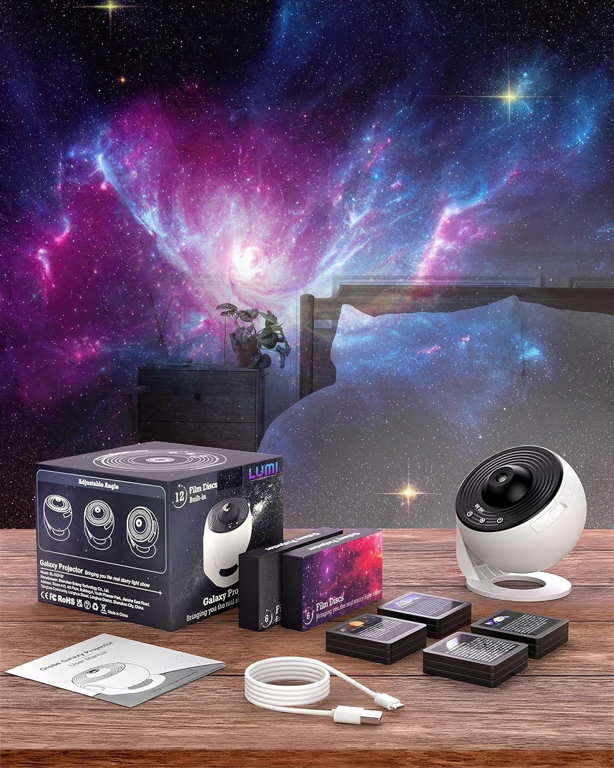 Lumi Galaxy Projector – Star Projector Galaxy Light with 12 HD Film Discs, 360° Rotating Planetarium Room Lights for Bedroom Ceiling, Night Lights for Kids, Northern Lights Projector