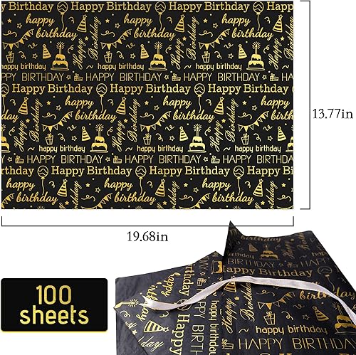 Miniatura 3 de MR FIVE 100 hojas de papel de seda de cumpleaños negro y dorado, 20 x 14 pulgadas, diseño de feliz cumpleaños para bolsas de regalo y fiestas