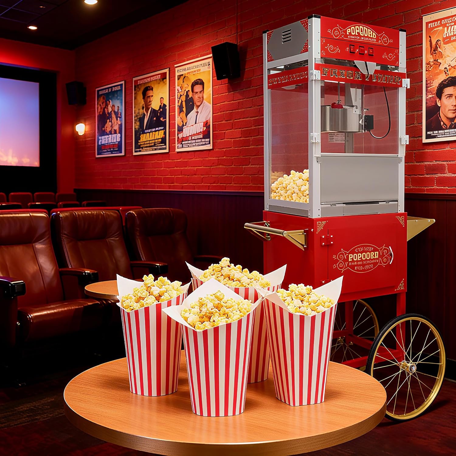Popcorn Machine with Cart & Wheels - Stainless Steel 20OZ Kettle Pop corn Maker Machine for Home, Theater, Parties Commercial Grade Electric Popper, Red
