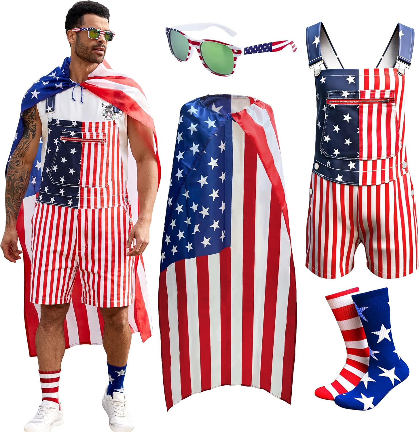 Odefou 4 Pcs Festival Outfits Shorts Overalls for Men