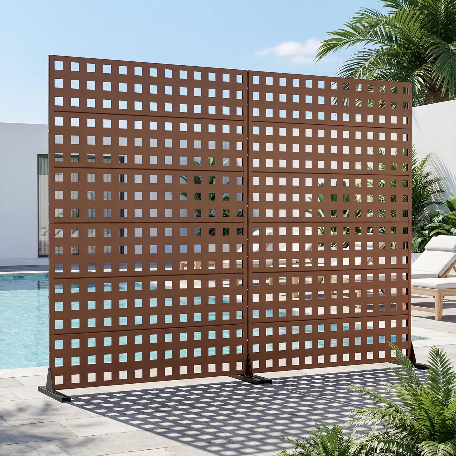 Casaphoria 72" H x 47" W Metal Privacy Screen, 2 Pack Outdoor Freestanding Decorative Divider for Patio & Garden with Stable Base, Brown-Grid