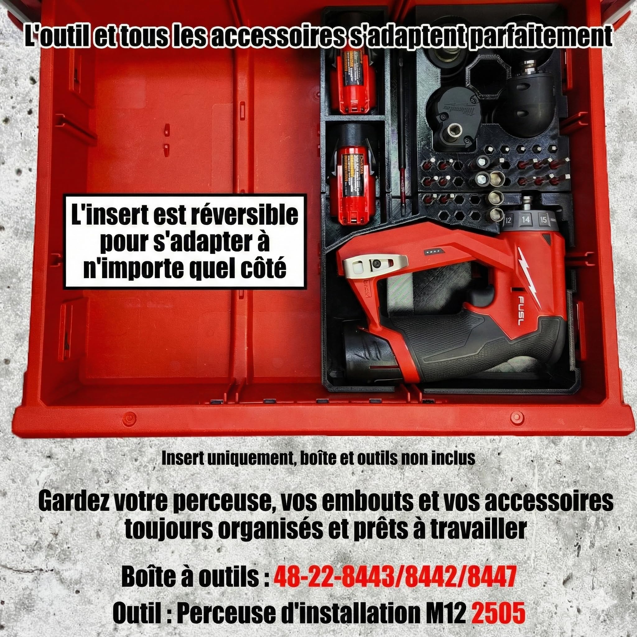 Organisateur pour perceuse d'installation M12 et organiseur Milwaukee Packout