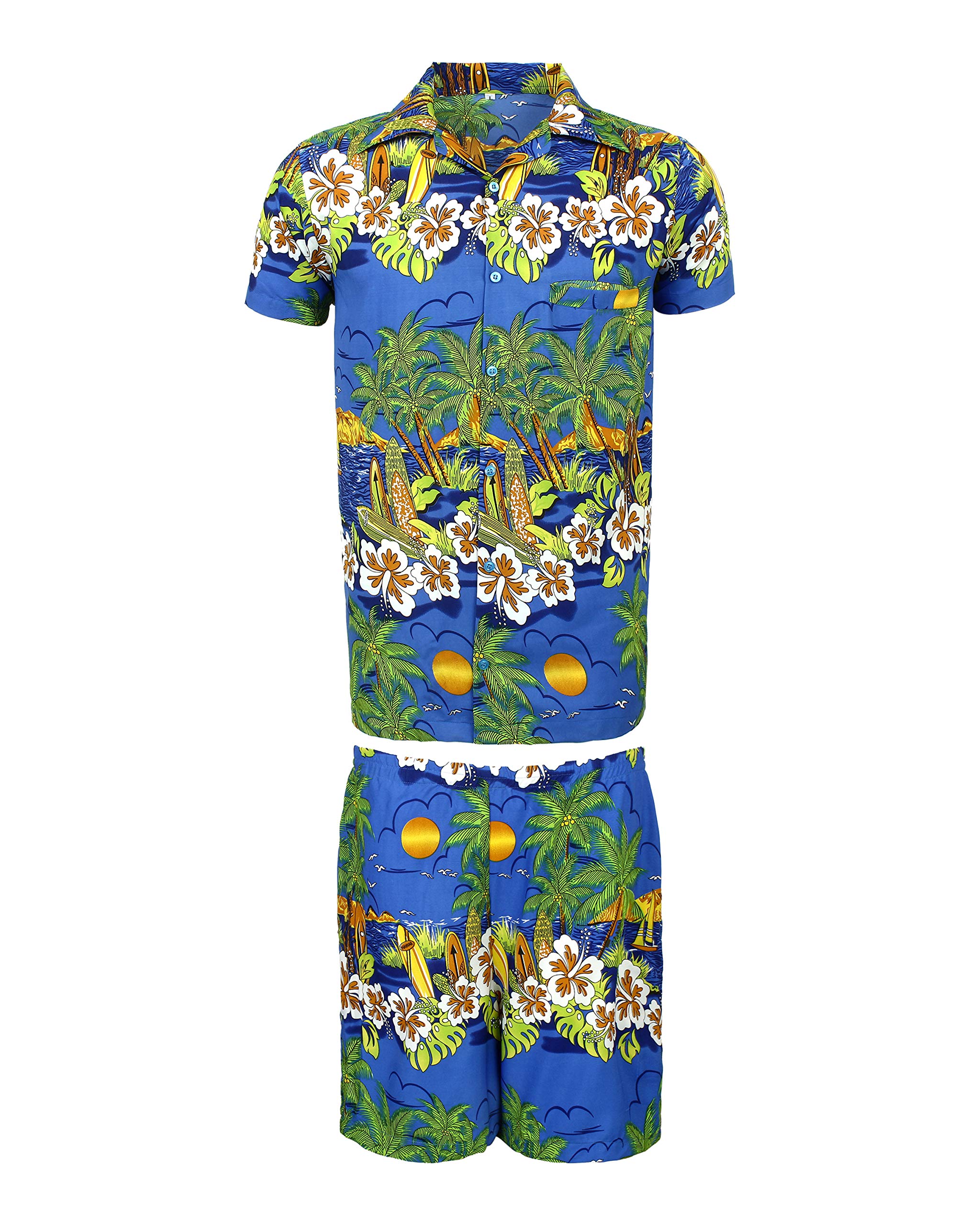 KIKLO Mens Hawaiian STAG Beach Hawaii Aloha Party Summer Holiday Fancy Shirt and Short Set (B SUN SET, M)