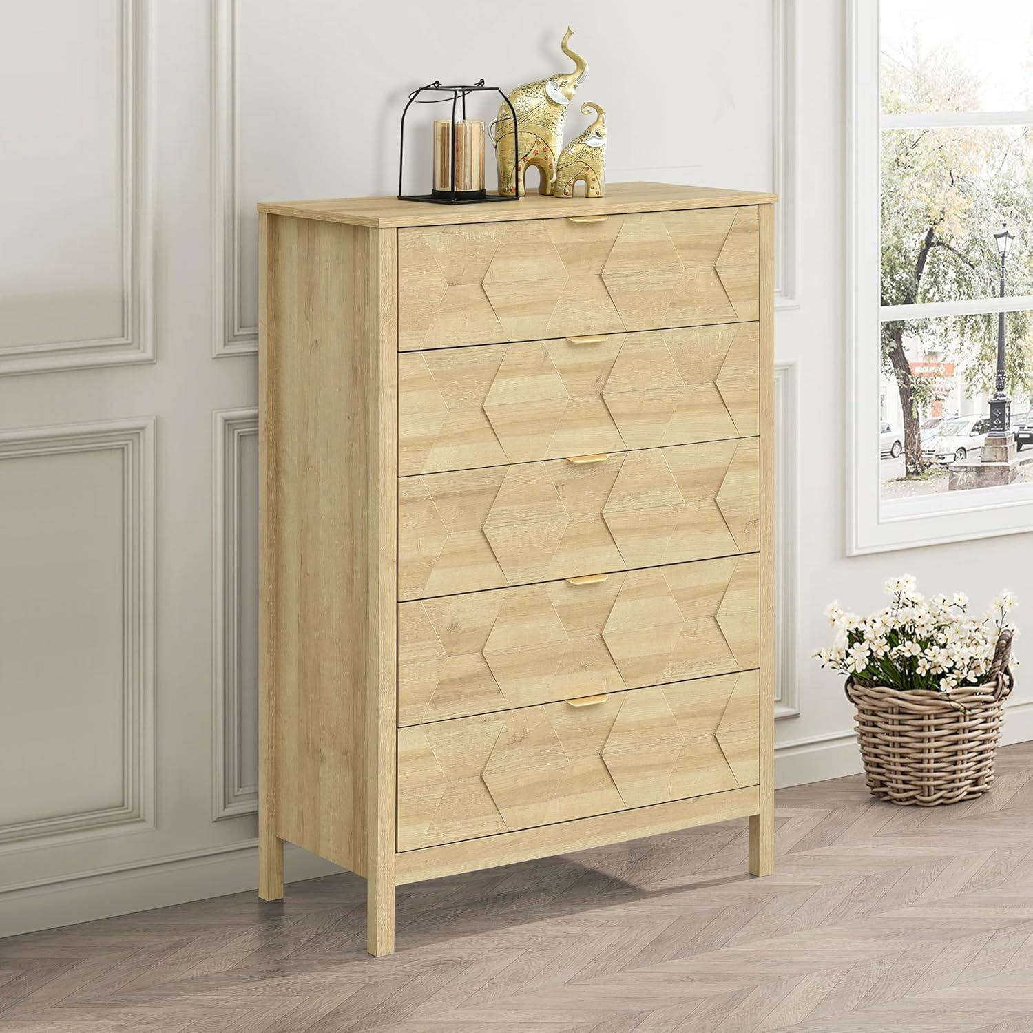 ELISA HOME Nordic 5 Drawer Dresser for Bedroom, 47.2″ Tall Modern Wide Chest of Drawers, Wood Storage Organizer for Clothes, Entryway, Hallway, Nursery or Living Room, Beige