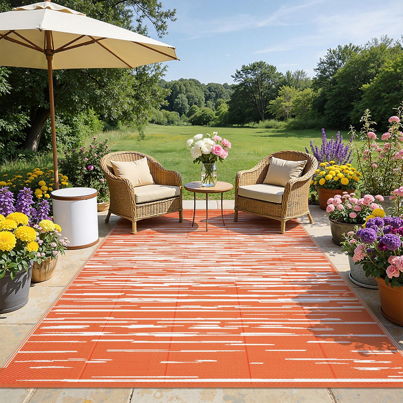 SHACOS Outdoor Rug Waterproof Orange 270 x 360 cm Large Garden Rugs Reversible Outdoor Mat Plastic Straw Rug UV Resistant Camping Mat Patio Rugs for RV, Backyard, Picnic, Balcony, Deck — image 1