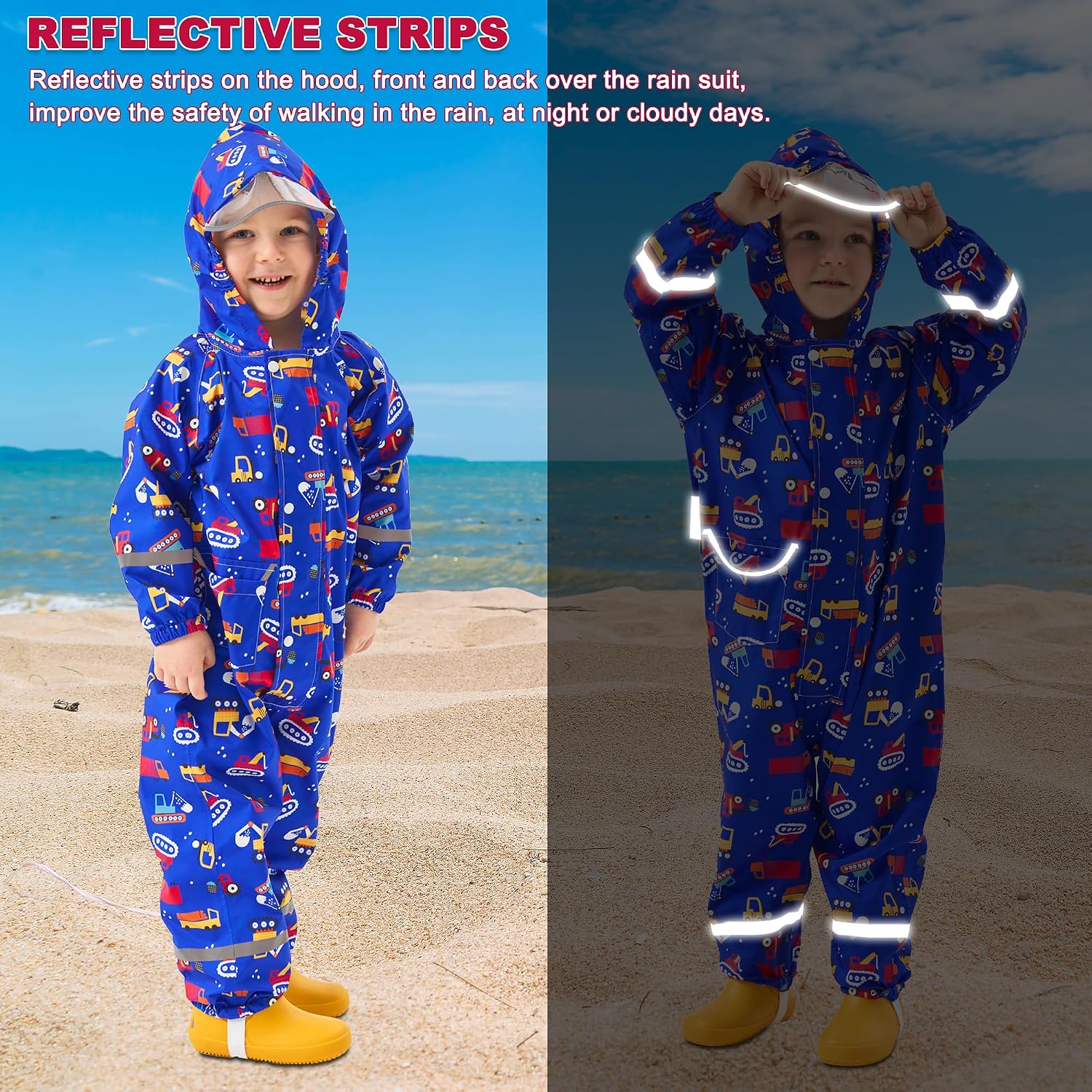 Fewlby Kids Rain Suit, Toddler Raincoats One Piece Hoodie Cartoon Rain Gear Waterproof Rainwear Coveralls for Boys and Girls