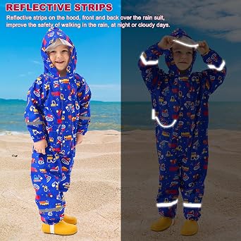 Fewlby Puddle Suit Waterproof Suit Kids, All in One Waterproof Overalls Boys Girls Rain Suit Cartoon Muddy Suit One Piece Raincoat Hoodie Rainwear for 1-10 Years