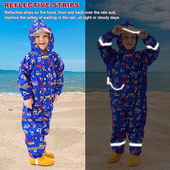 Fewlby Puddle Suit Waterproof Suit Kids, All in One Waterproof Overalls Boys Girls Rain Suit Cartoon Muddy Suit One Piece Raincoat Hoodie Rainwear for 1-10 Years