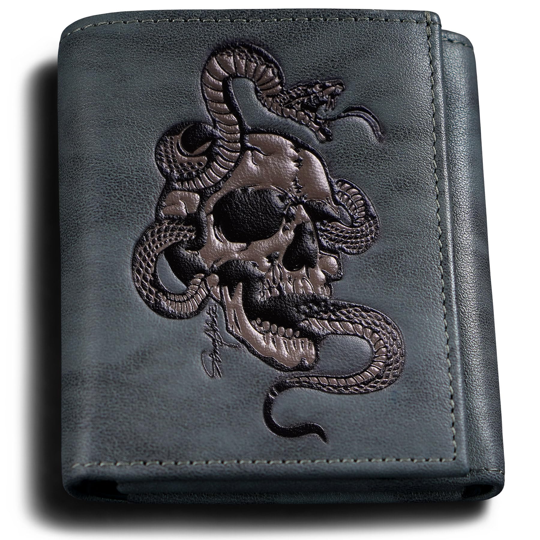 skneephateTrifold Wallets For Men,Skull Mens tri fold Leather Wallet,Super Soft Cowhide,Rfid Blocking,Gifts For Him Husband (gray)