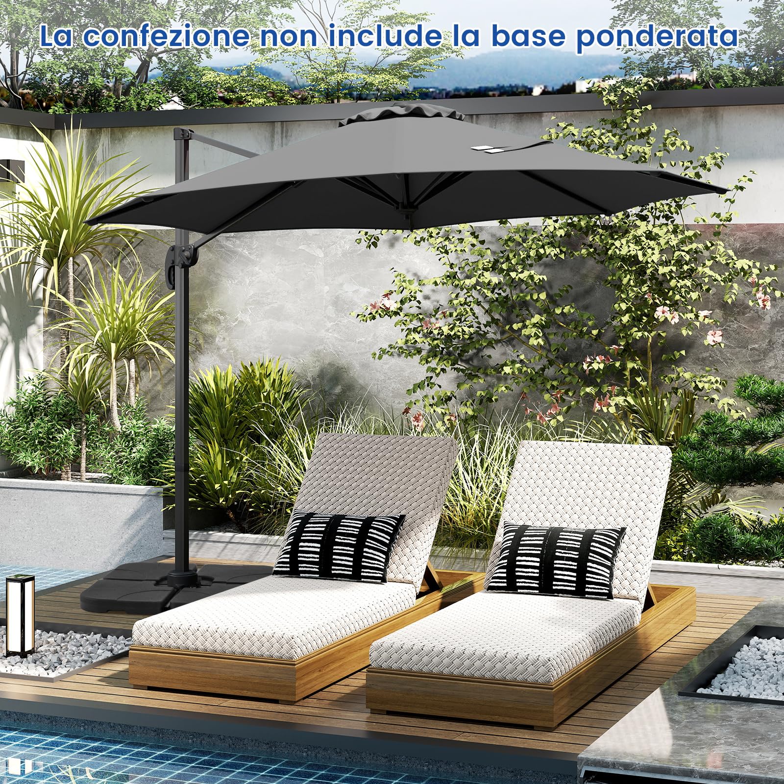 COSTWAY Ombrellone a Cantilever da Giardino 294 cm, Rotazione 360° e 5 Angoli Regolabili, 8 Stecche Base a Croce, Impermeabile, per Cortile Piscina Esterno(Grigio)