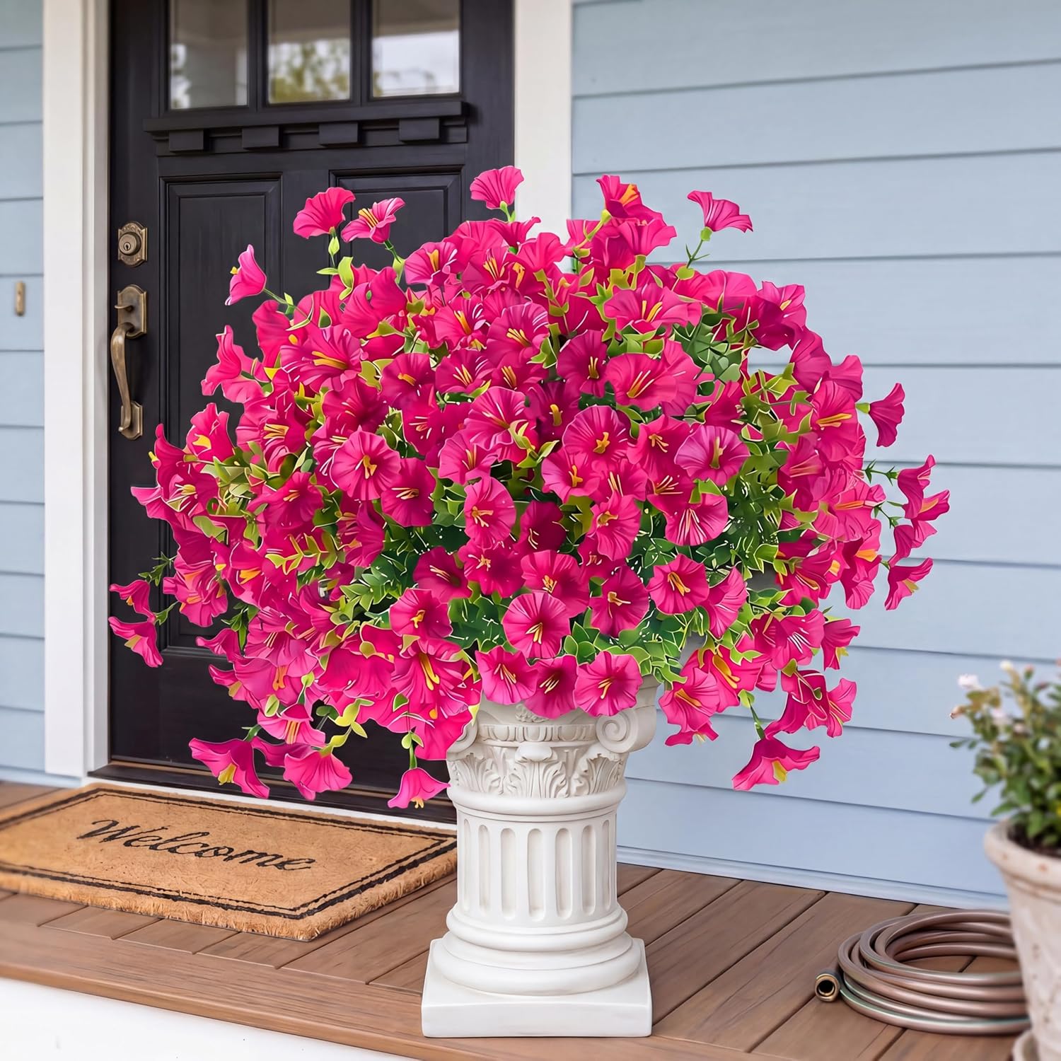 Artificial Flowers for Outdoors 12 Bundles Realistic Faux Plants UV Resistant Fake Silk Morning Glory with Eucalyptus for Front Door Planter Patio Porch Outside Spring Summer Decoration (Magenta)