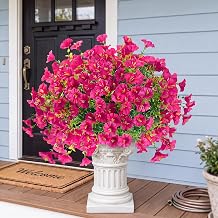 Artificial Flowers for Outdoors 12 Bundles Realistic Faux Plants UV Resistant Fake Silk Morning Glory with Eucalyptus for Front Door Planter Patio Porch Outside Spring Summer Decoration Magenta