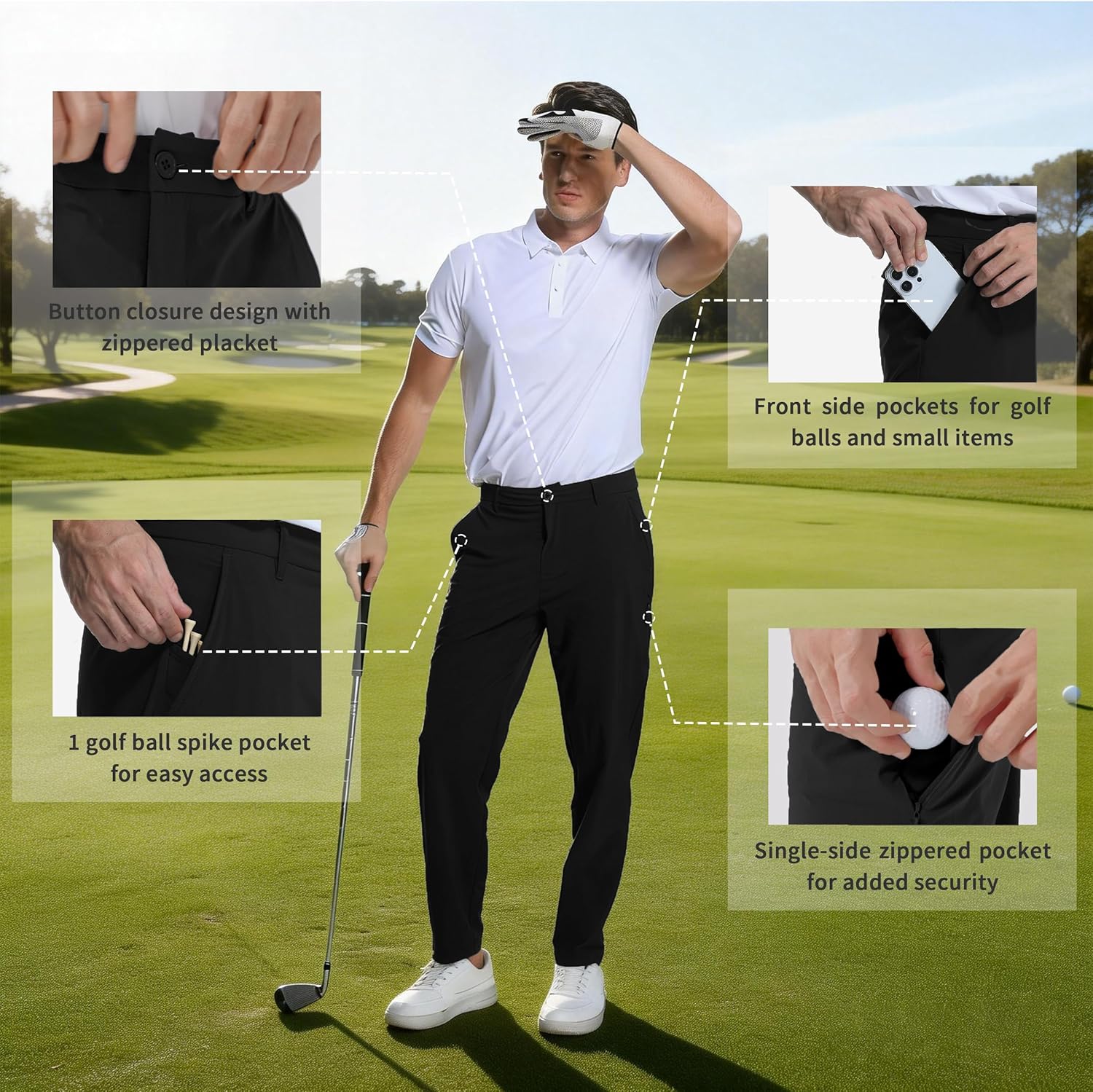 Men's Golf Pants Stretch Work Dress Pants Lightweight Trousers 30"/32" Quick Dry Joggers Casual Comfy Trousers with 6 Pockets