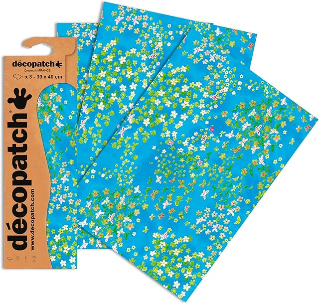 Décopatch - Ref C499O - Blue Mini Flowers & Butterflies Print Paper Pack - Each Sheet 30 x 40cm, Pack of 3 Paper Sheets - Best Used With Décopach Glue & Varnish, Blue